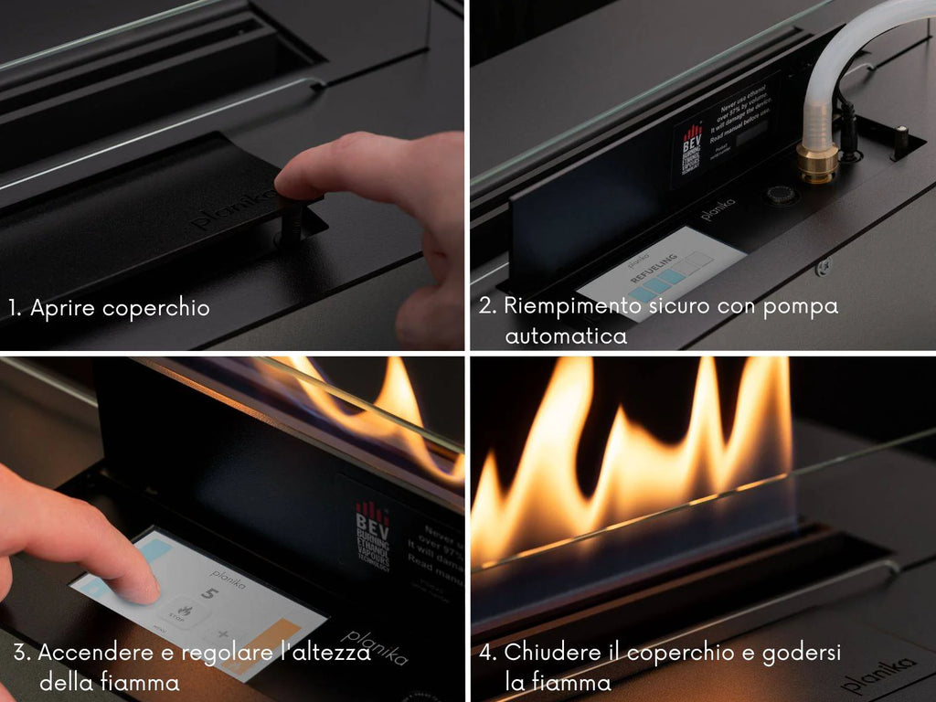 Bruciatore a bioetanolo Planika FLA4, modello FLA4 Burner, con design moderno e finiture eleganti per ambienti interni.