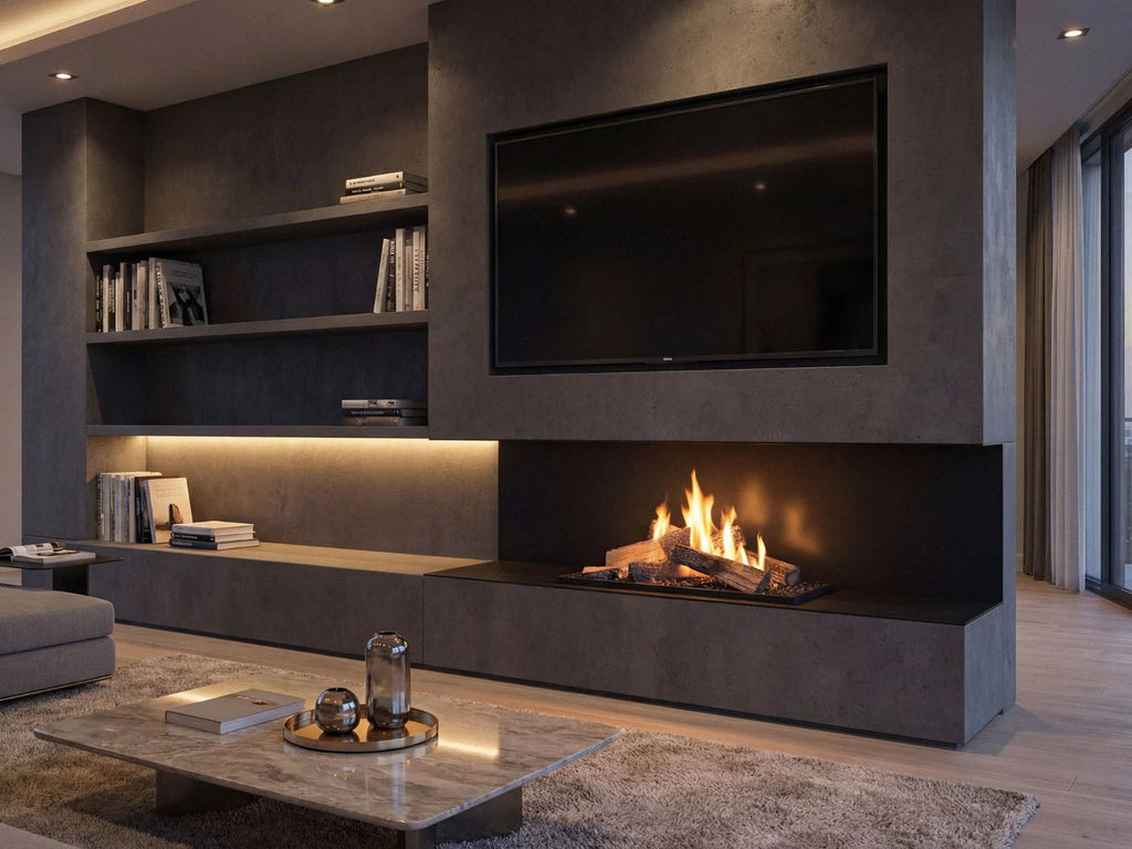Bruciatore a bioetanolo Planika FLOGS Burner, design elegante in vetro e acciaio, per ambienti moderni e raffinati.