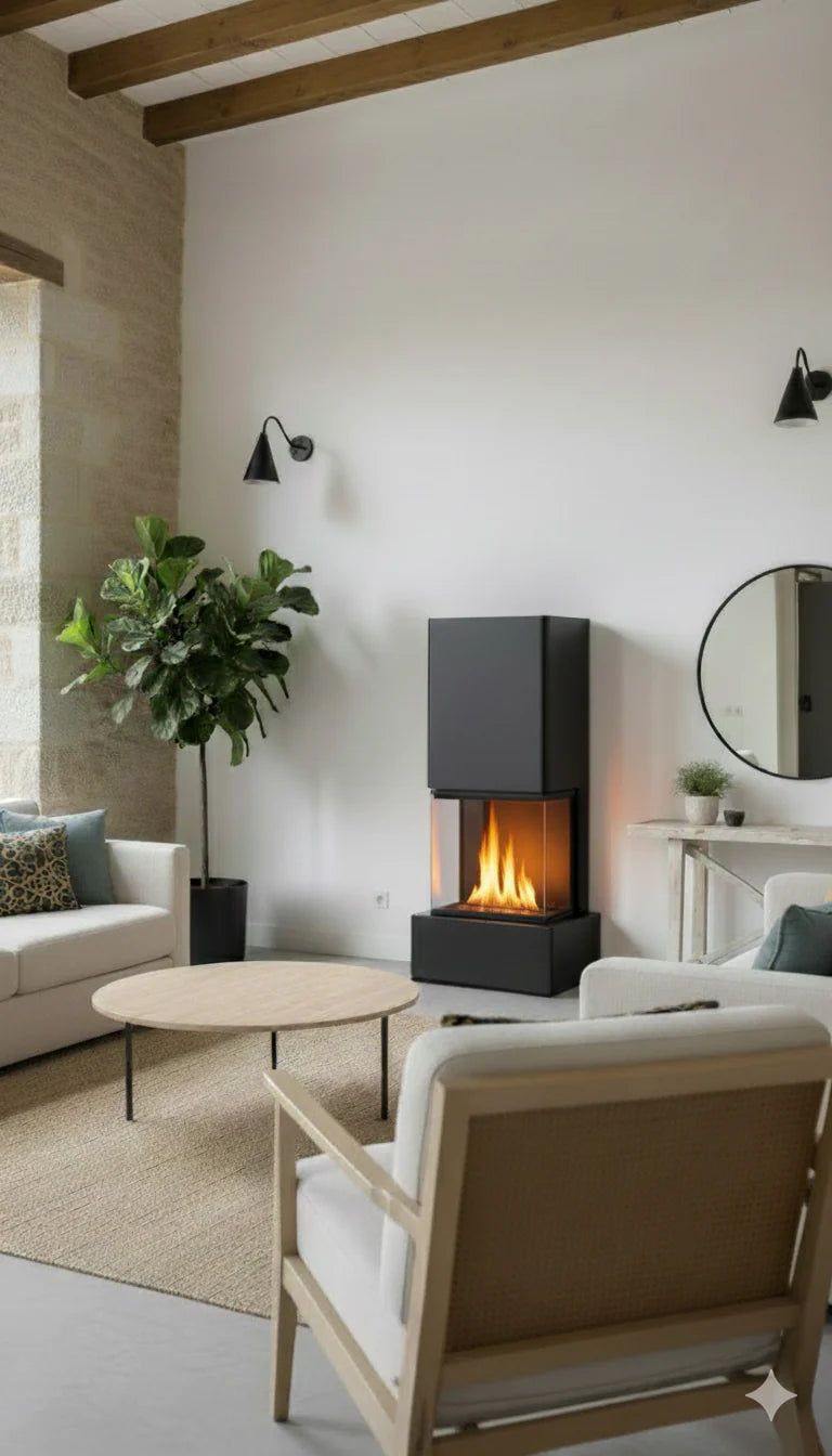 Caminetto a bioetanolo Planika Vertis con design moderno e cornice nera, ideale per ambienti eleganti e accoglienti.