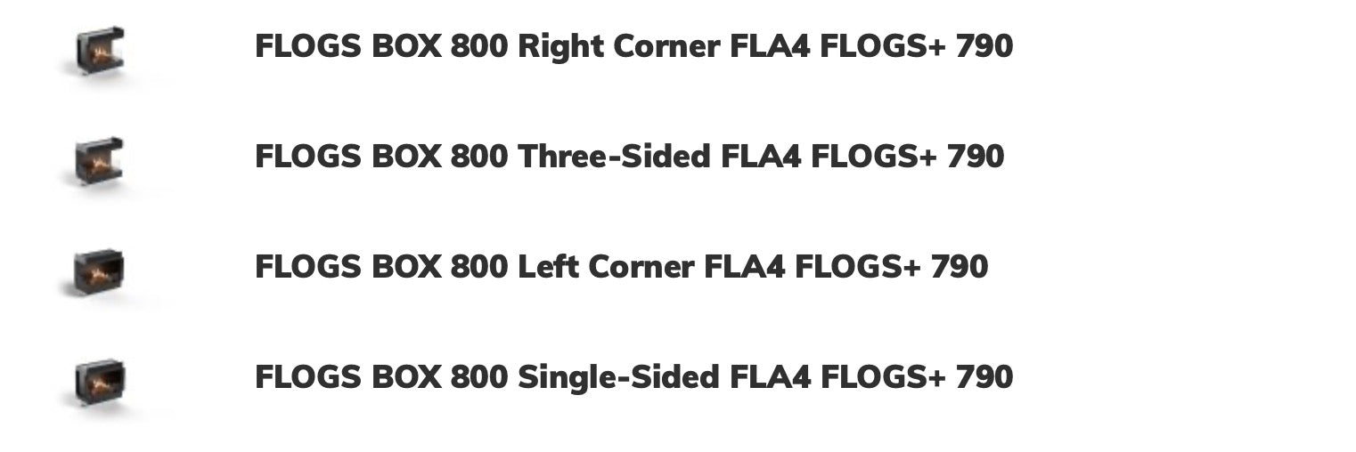 Camino a bioetanolo Planika FLOGS Box con bruciatore standard, design moderno e frontale, modello FLOGS 800 con bruciatore FLOGS 790