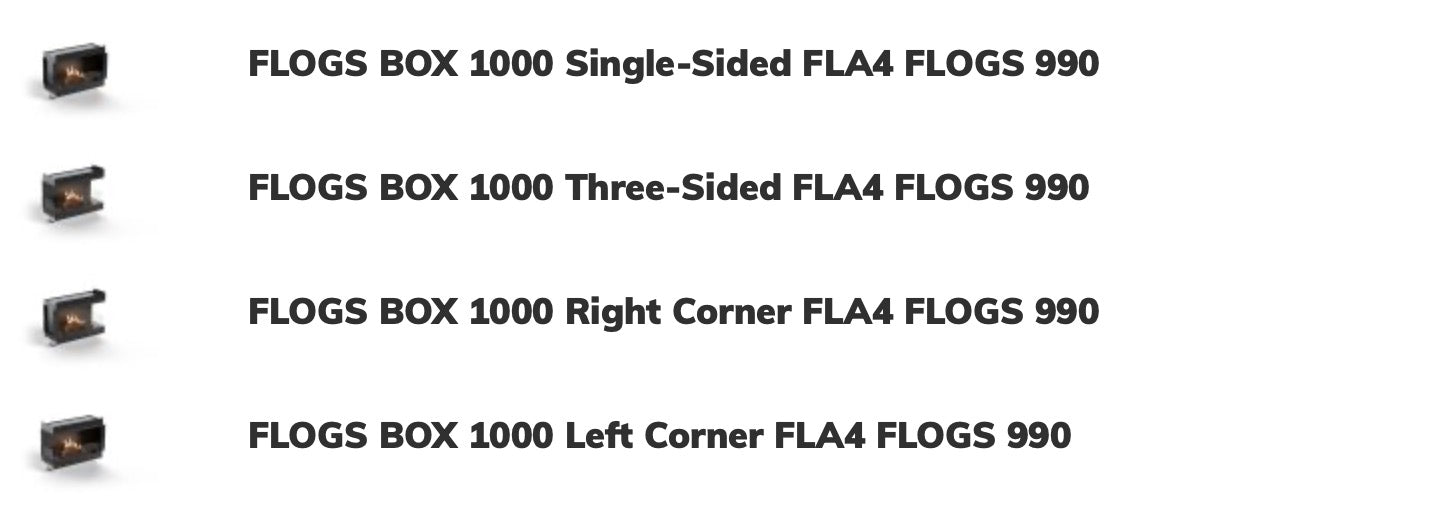 Caminetto a bioetanolo Planika FLOGS Box con fiamma visibile e bruciatore standard frontale, design moderno e compatto.