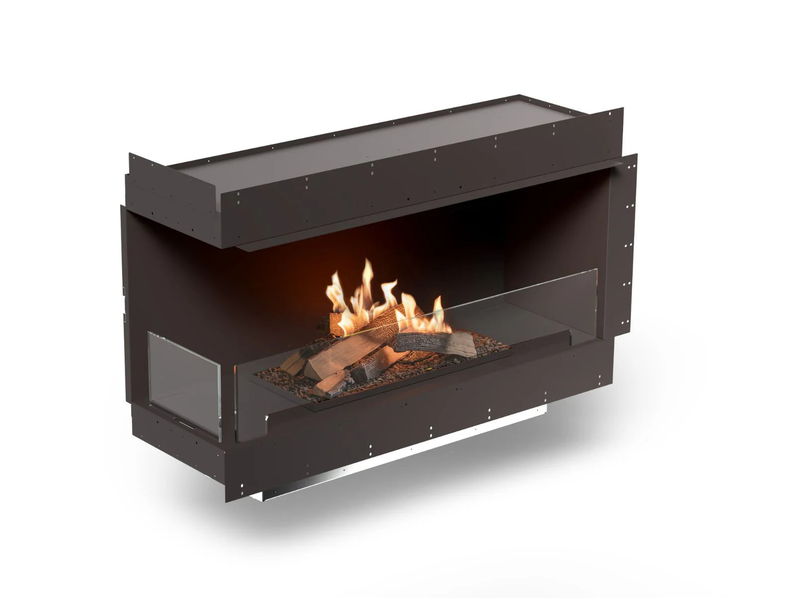 Camino a bioetanolo Planika FLOGS Box con fiamma standard frontale e bruciatore FLOGS 790, design moderno per interni.