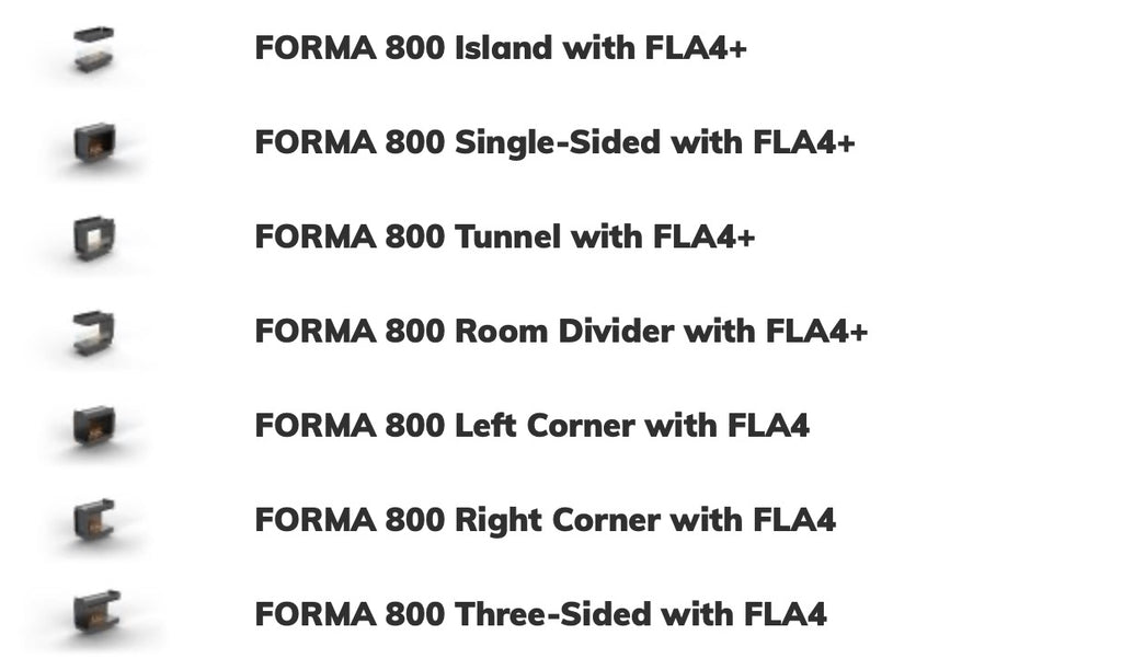 Camino a bioetanolo Planika Forma con FLA4, focolare frontale con bruciatore 590, design moderno e elegante.