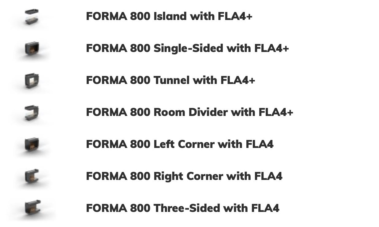 Camino a bioetanolo Planika Forma con FLA4, focolare frontale con bruciatore 590, design moderno e elegante.
