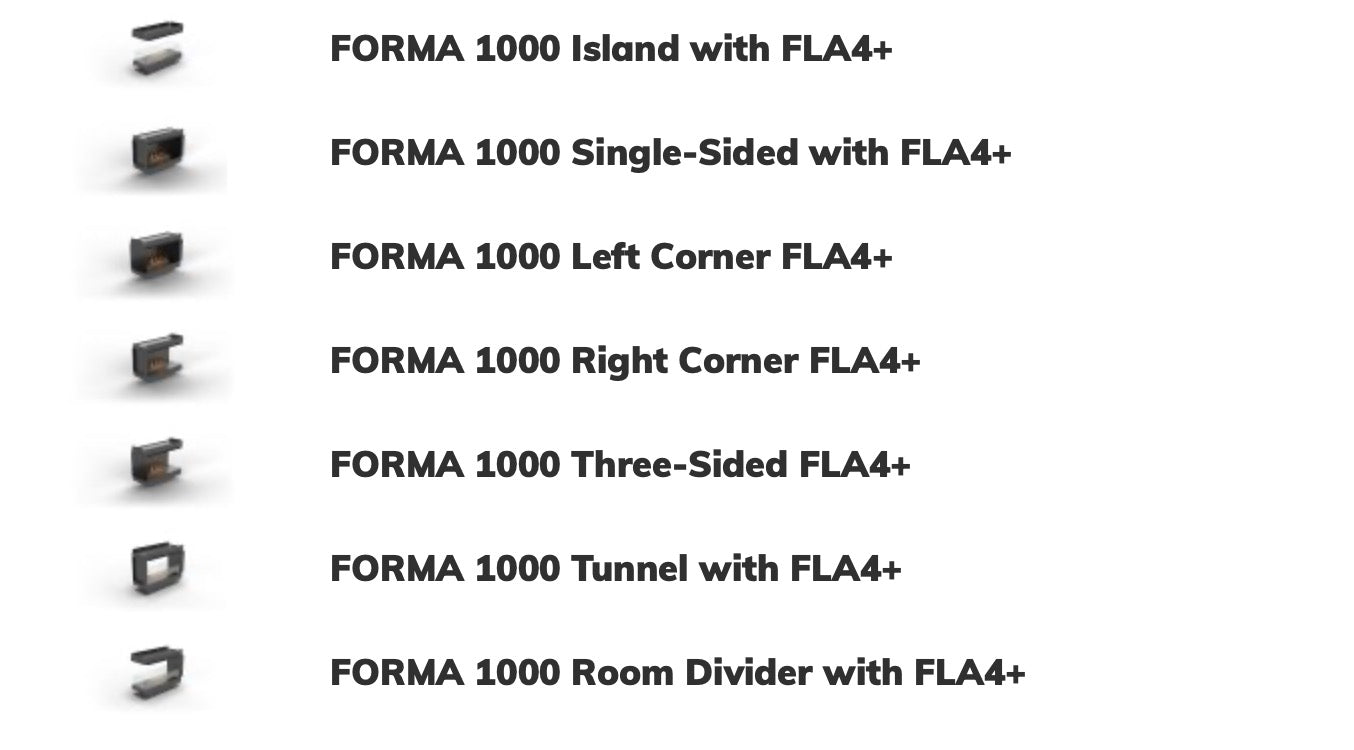 Camino a bioetanolo Planika Forma con FLA4, focolare frontale, design moderno e elegante per ambienti interni.
