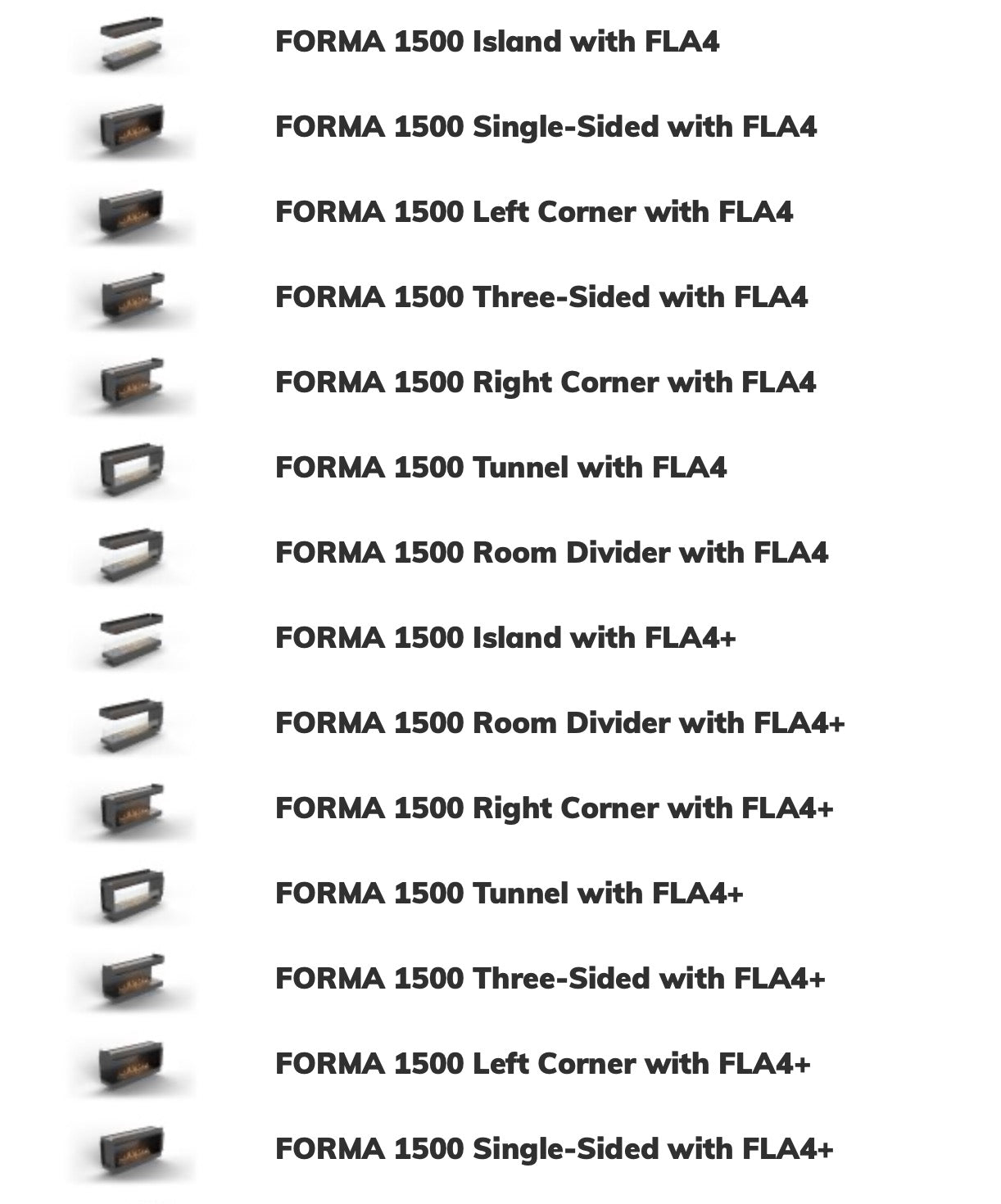 Camino a bioetanolo Planika Forma con FLA4, camino moderno con bruciatore frontale, design elegante e funzionale.