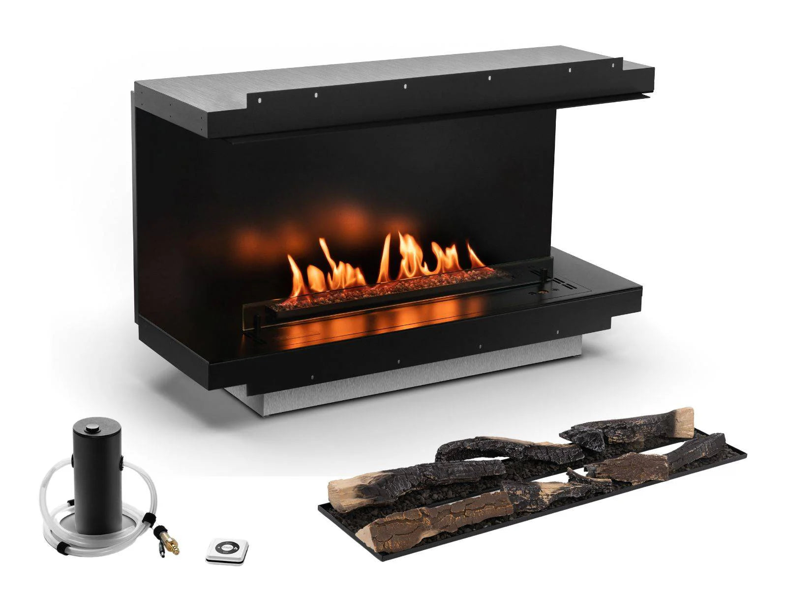 Camino a bioetanolo Planika Neo Fireplace Neo750 trifacciale, con tre pannelli in vetro, design moderno e elegante.