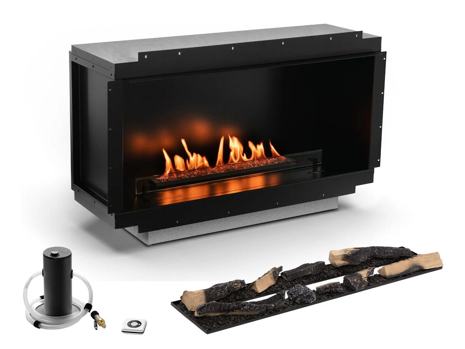 Camino a bioetanolo Planika Neo Fireplace con fiamma frontale, design moderno e elegante, in acciaio nero.