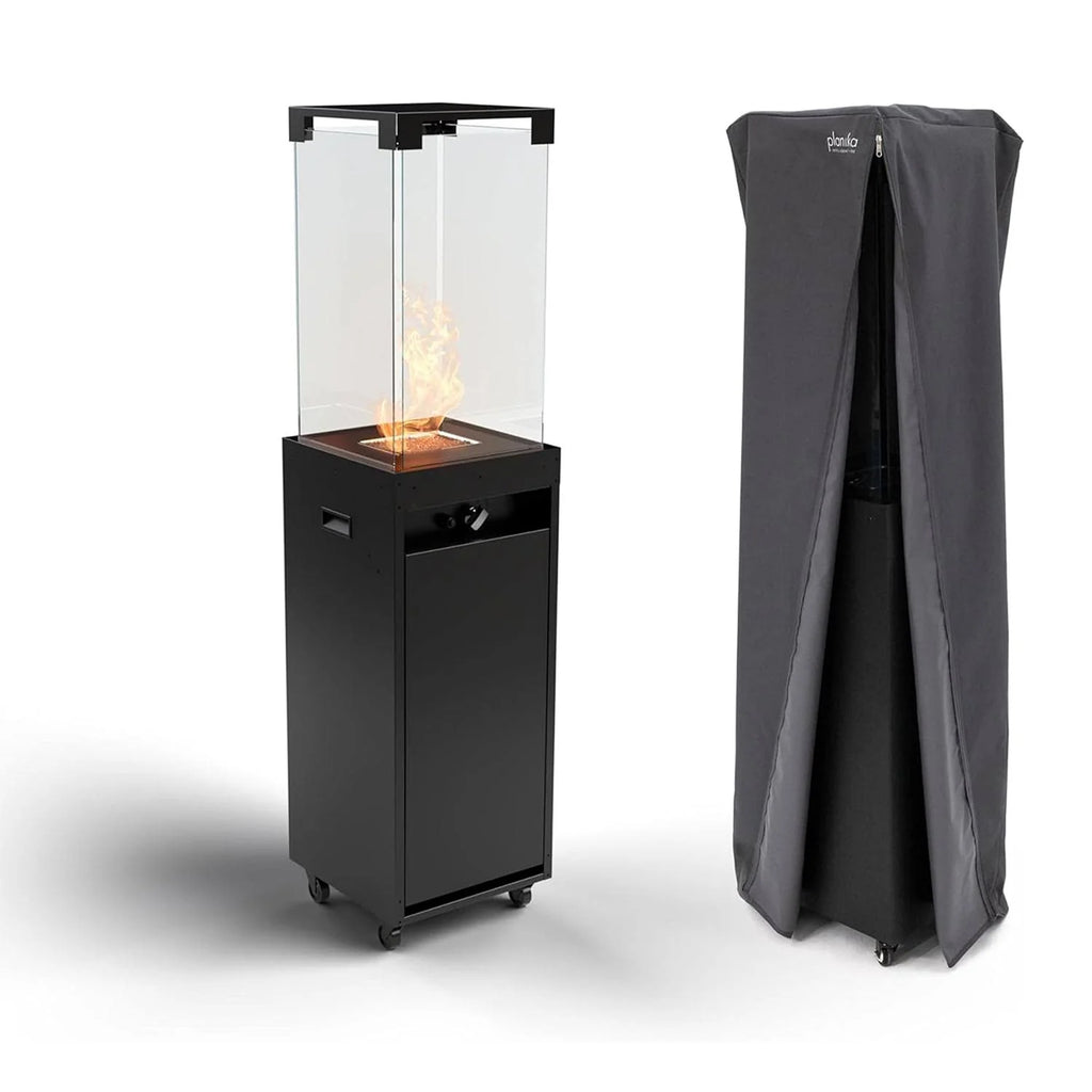 Caminetto a gas Planika Faro nero, moderno e elegante, con design minimale e diffusore di calore visibile.