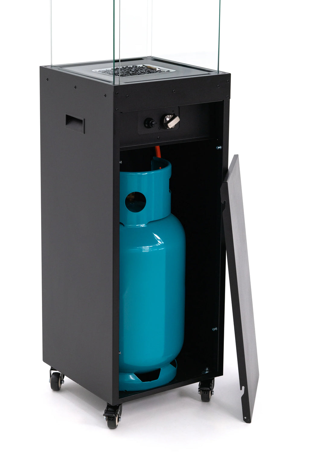 Caminetto a gas Planika Faro nero, elegante e moderno, con design compatto e struttura in acciaio, ideale per ambienti domestici.