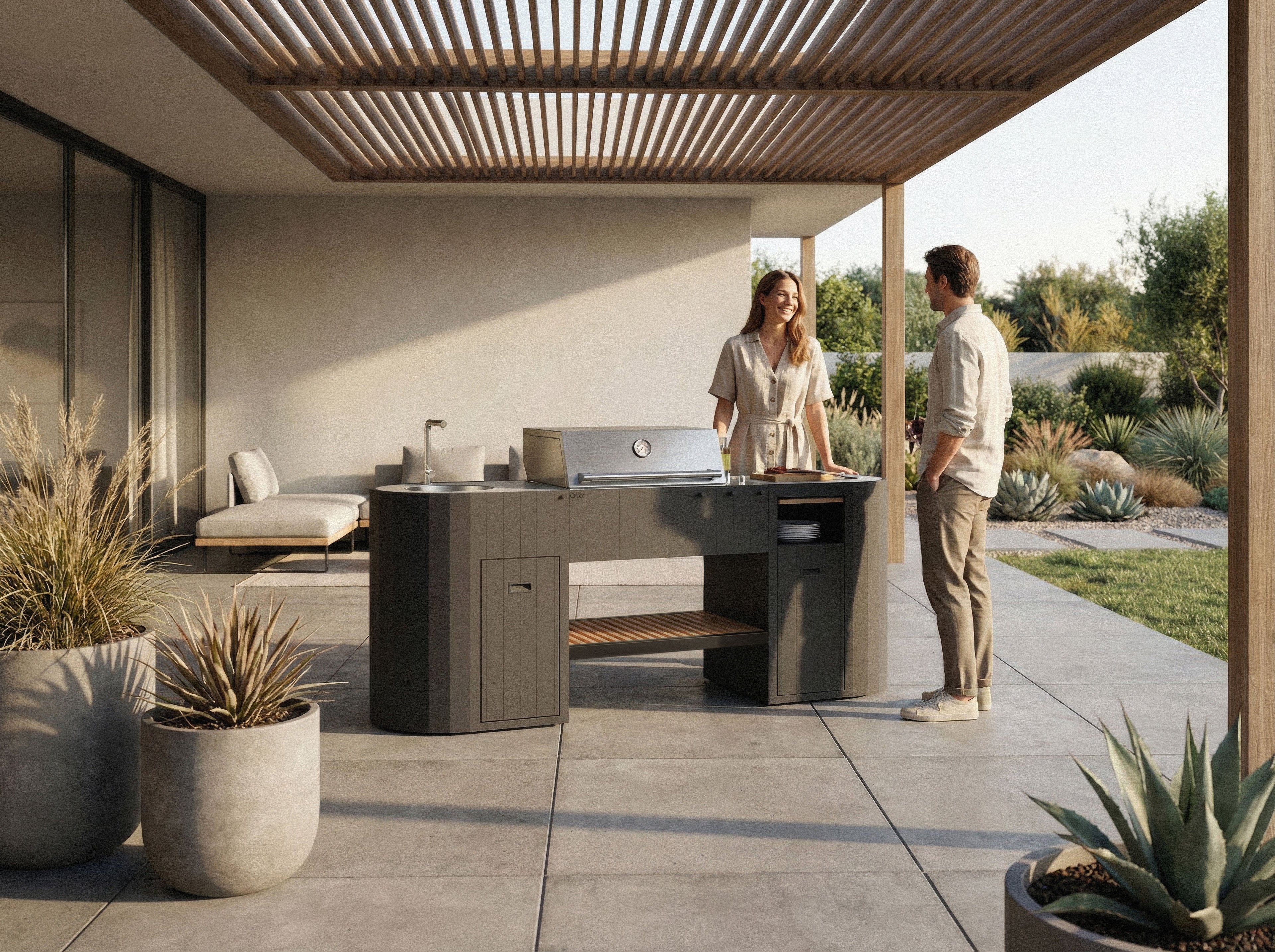 Cucina da esterno Planika OVO GL con barbecue, struttura in acciaio inox e piano di lavoro in pietra naturale.