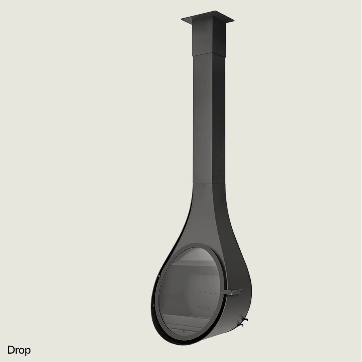 Camino a legna Rocal Drop con design moderno, mostrato acceso con fiamme visibili e struttura in mattoni.