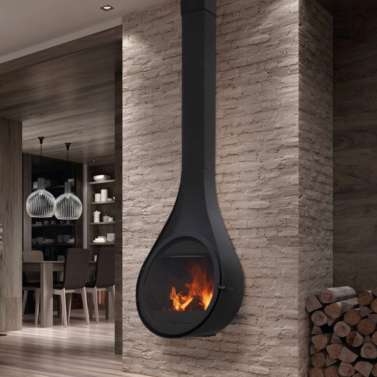 Camino a legna Rocal Drop con design moderno, in mattoni e vetro frontale, ideale per riscaldare e decorare gli ambienti domestici