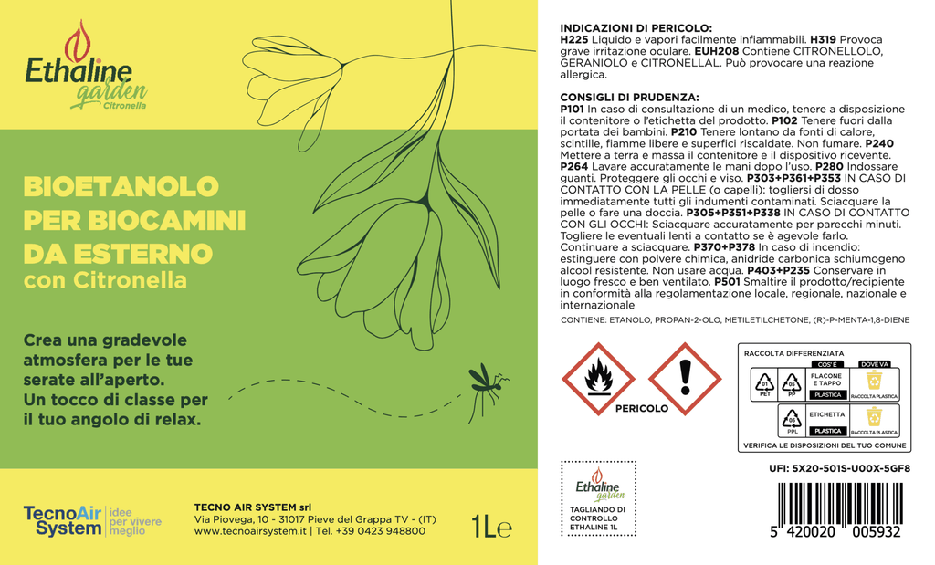 Bioetanolo liquido Citronella Ethaline Garden di Tecno Air System, bottiglia con etichetta verde e capocchiale in plastica