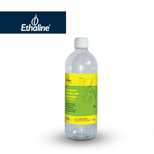 Bioetanolo liquido Citronella Ethaline Garden di Tecno Air System, bottiglia con etichetta e liquido giallo chiaro per uso all'aperto.