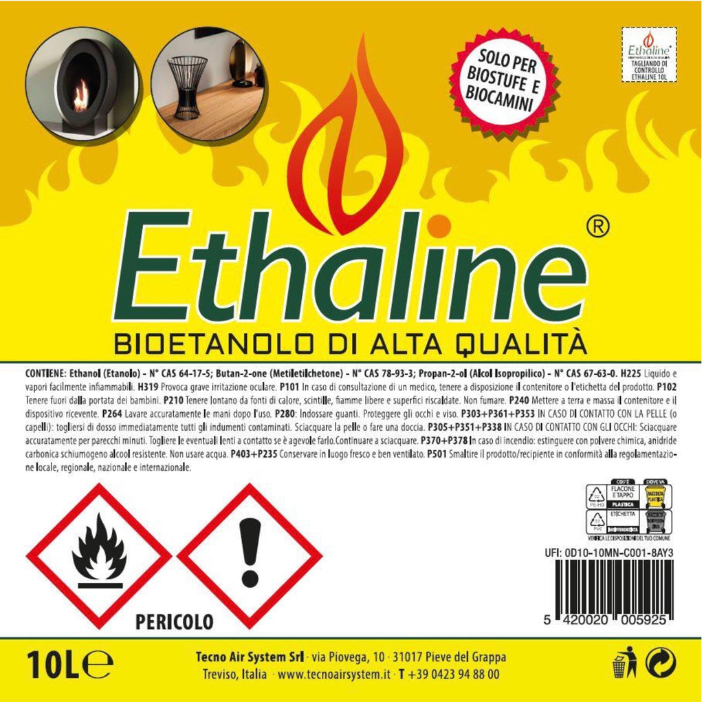 Bioetanolo liquido Ethaline di Tecno Air System in bottiglia da 1 litro, ideale per caminetti e riscaldamento ecologico.