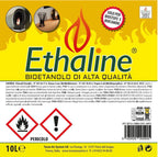 Bioetanolo liquido Ethaline di Tecno Air System in bottiglia da 1 litro, ideale per caminetti e riscaldamento ecologico.