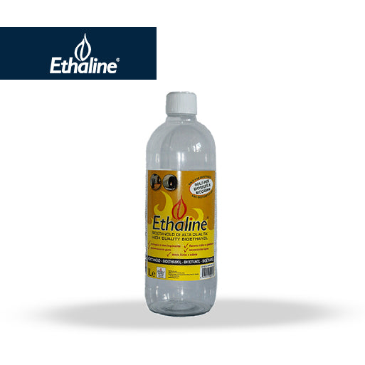 Bioetanolo liquido Ethaline di Tecno Air System in bottiglia da 1 litro, ideale per caminetti e riscaldamenti a bioetanolo.
