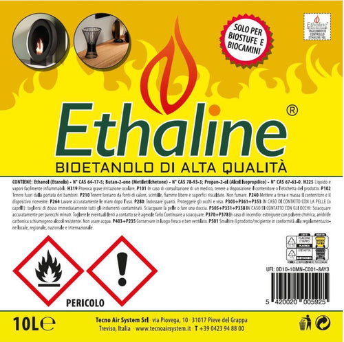 Bioetanolo liquido Ethaline di Tecno Air System, contenitore da 100 litri, mostra il prodotto in tanica.