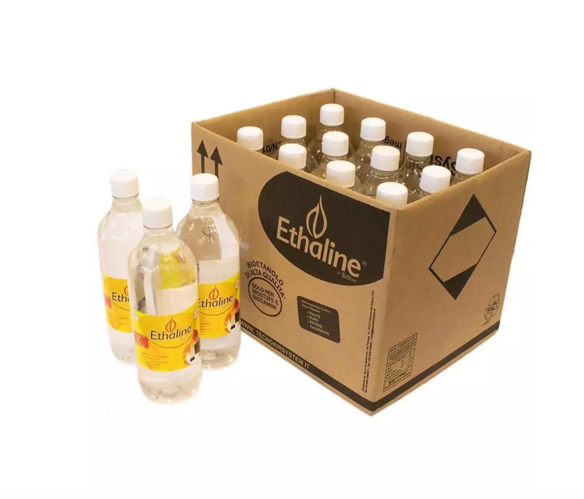 Bioetanolo liquido Ethaline di Tecno Air System, bottiglia da 12 litri, prodotto per riscaldamento e decorazione.