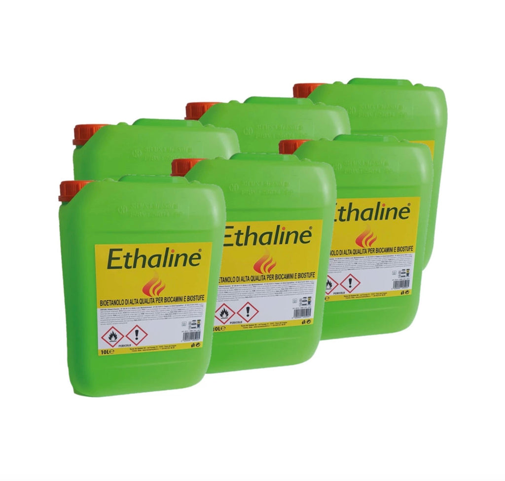 Bioetanolo liquido Ethaline di Tecno Air System in tanica da 60 litri, ideale per riscaldamento e uso decorativo.