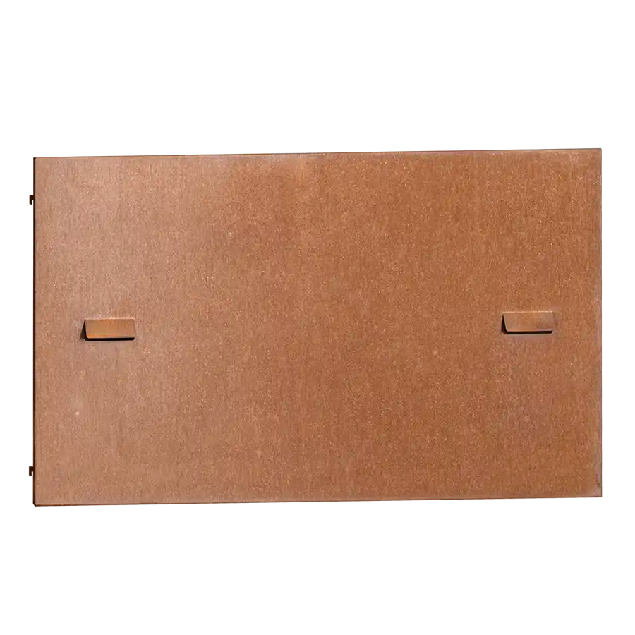 Porta per caminetto bifacciale Vulcano Fire, accessorio per barbecue, in metallo con manici e design robusto.