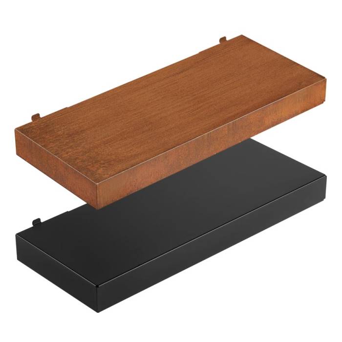 Mensola laterale grande di Vulcano Fire, accessorio nero per barbecue, superficie robusta e resistente per utensili e condimenti.