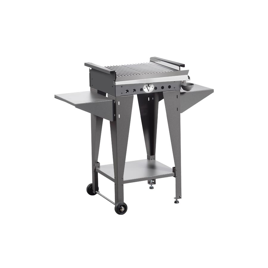 Barbecue a gas Piccolo di Vulcano Fire con piastra liscia, compatto e ideale per cucinare all'aperto.