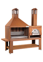 Barbecue a legna Vulcano Fire Serie TF Monoblocco con forno in corten, senza griglia e mensole laterali, stile robusto e moderno