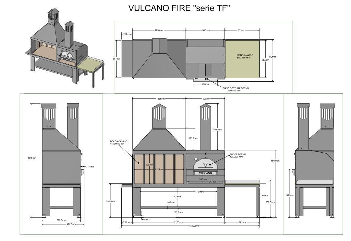 Barbecue a legna Vulcano Fire Serie TF Monoblocco con forno nero, senza griglia né mensole laterali, in acciaio robusto
