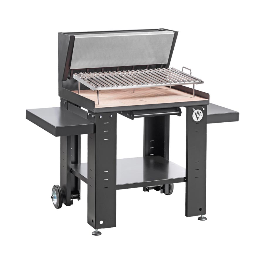 Barbecue a legna Vulcano Fire Serie Q Medio, senza griglia, con superficie in acciaio e design robusto.