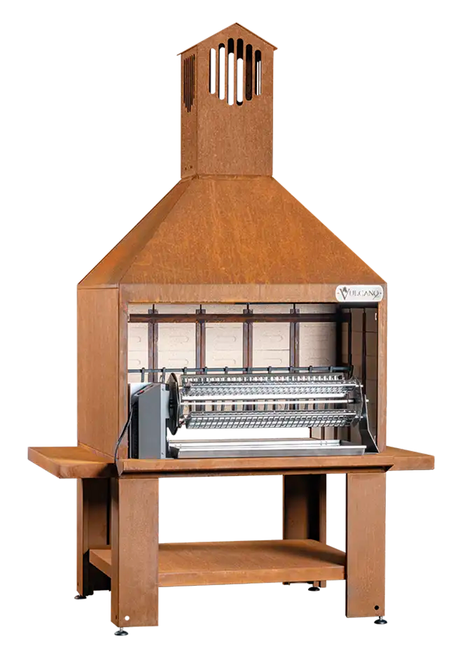Barbecue a legna Vulcano Fire Serie TC bifacciale senza griglia né mensole, con superficie in acciaio nero e design robusto.