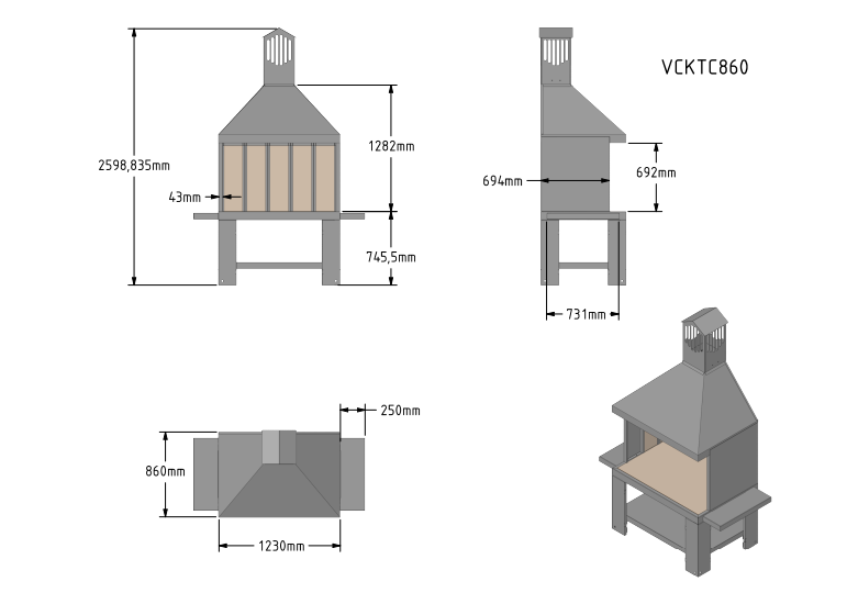 Barbecue a legna Vulcano Fire Serie TC Grande, design robust e spazio per cottura all'aperto, senza griglia o mensole visibili