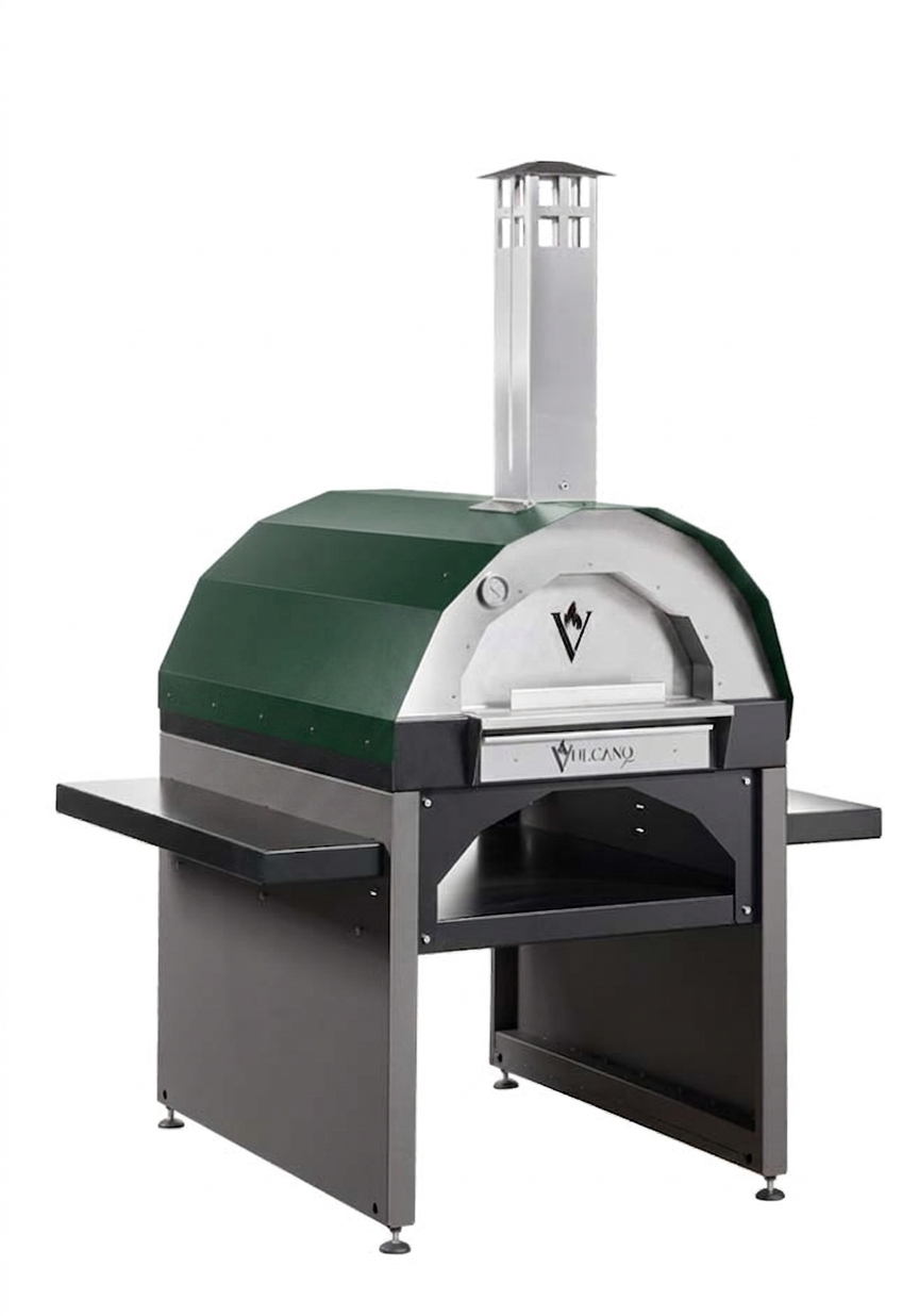 Forno a legna Vulcano Fire per pizza grande, grigio, con porta e camino visibili, design robusto e tradizionale