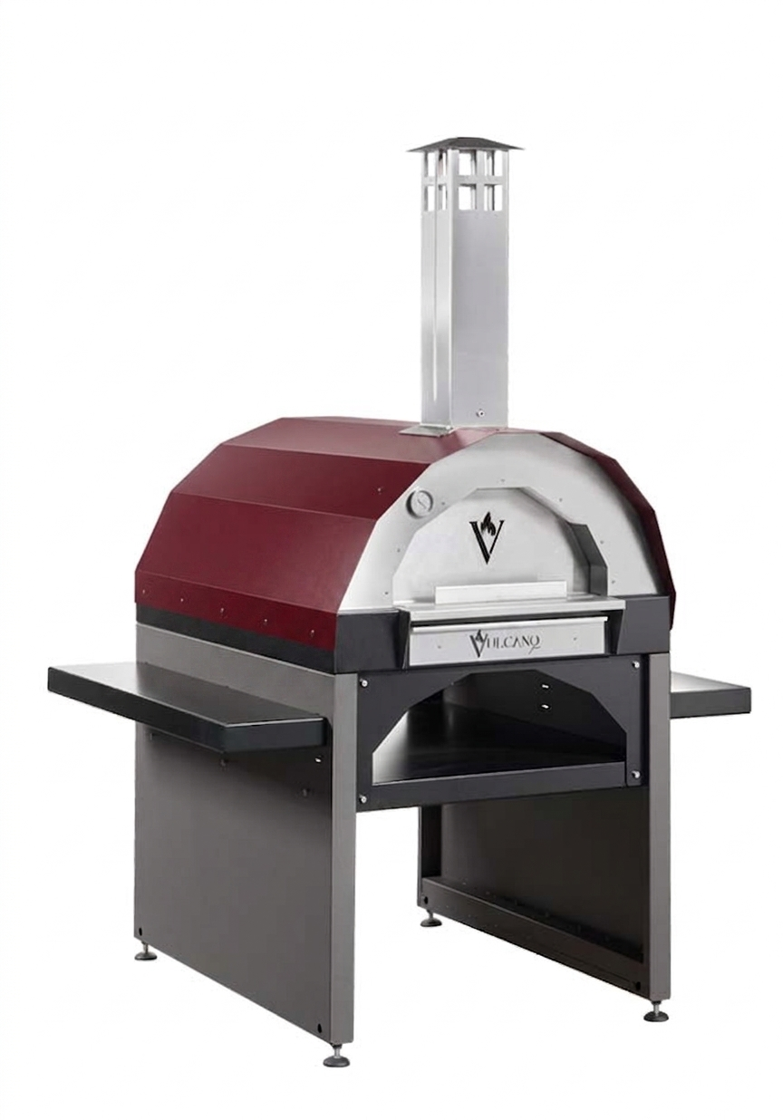 Forno a legna Vulcano Fire per pizza grande, in grigio, con porta e manico visibili, ideale per cucinare pizza autentica.
